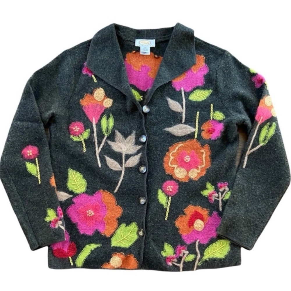 Talbots Womens Lambswool Cardigan Pink Orange Lime Hand Embroidery Floral Small